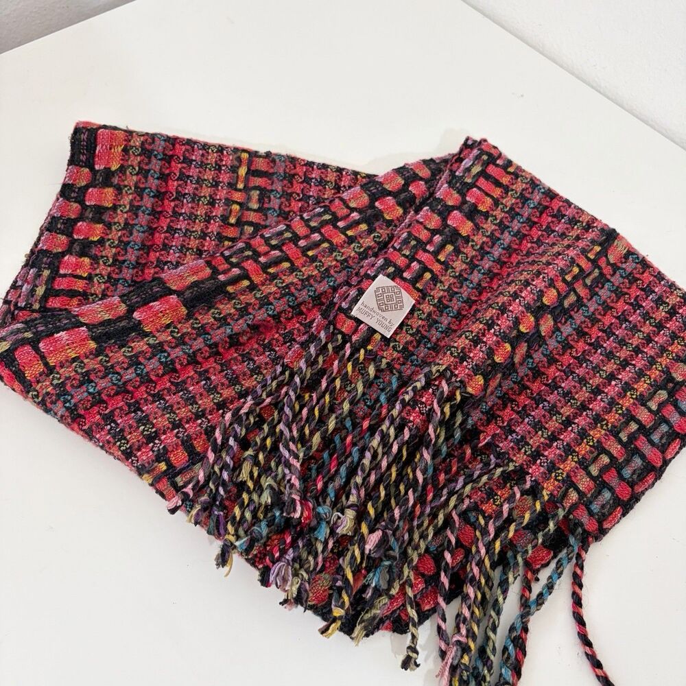Muffy Young  Handwoven Handweaving Scarf in Black And Bright Colors Preowned - Picture 10 of 10